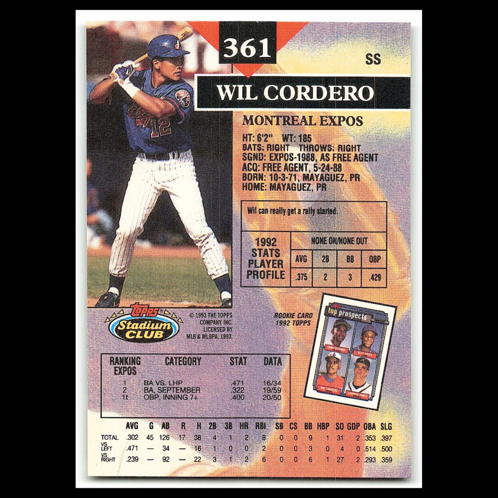 Wil Cordero #361 1993 Topps Stadium Club Montreal Expos Baseball Card MLB NM