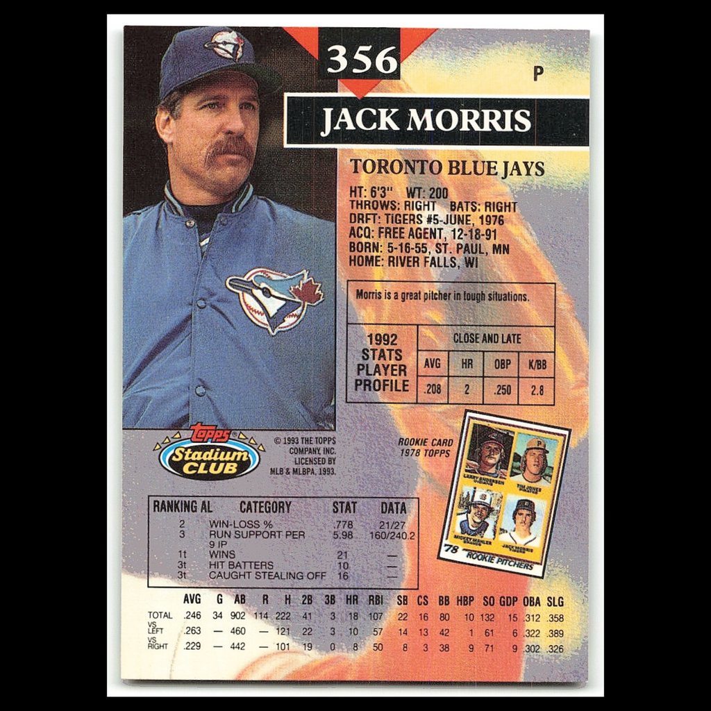 Jack Morris #356 1993 Topps Stadium Club Toronto Blue Jays Baseball Card MLB NM