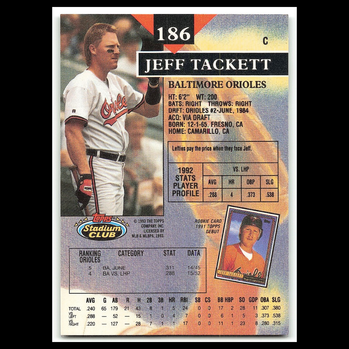 Jeff Tackett #186 1993 Topps Stadium Club Baltimore Orioles Baseball Card MLB NM