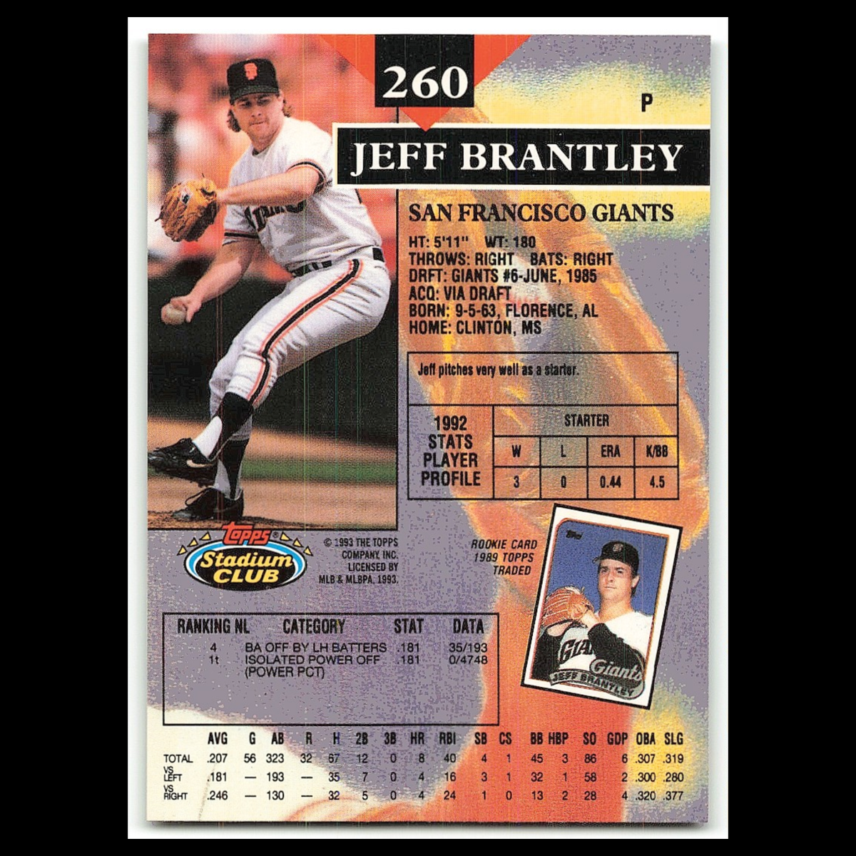 Jeff Brantley #260 1993 Topps Stadium Club San Francisco Giants Baseball Card NM