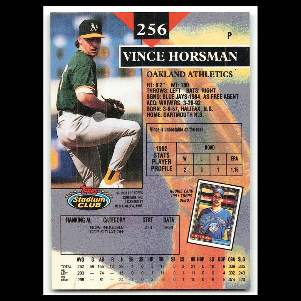 Vince Horsman #256 1993 Topps Stadium Club Oakland Athletics Baseball Card MLB