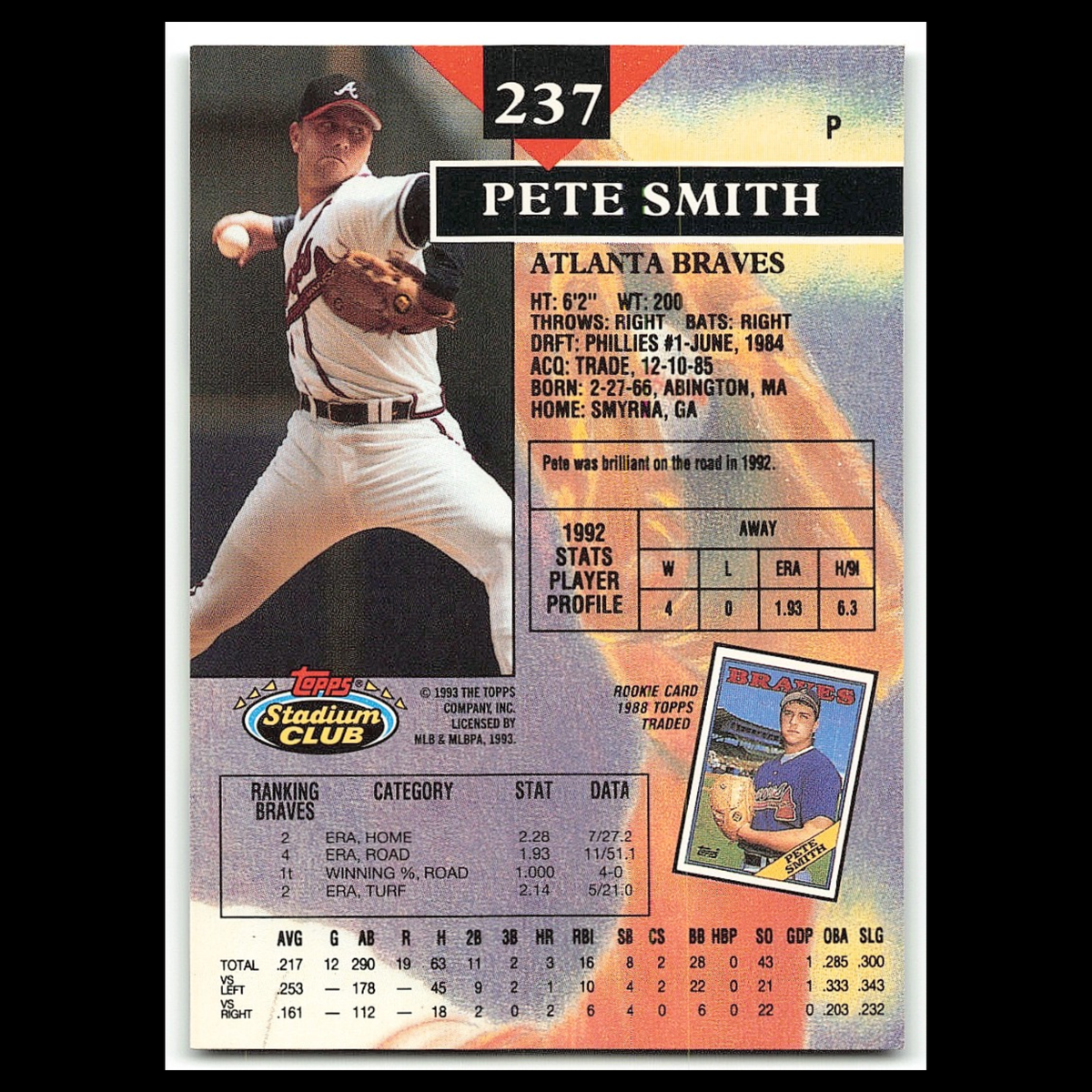 Pete Smith #237 1993 Topps Stadium Club Atlanta Braves Baseball Card MLB NM