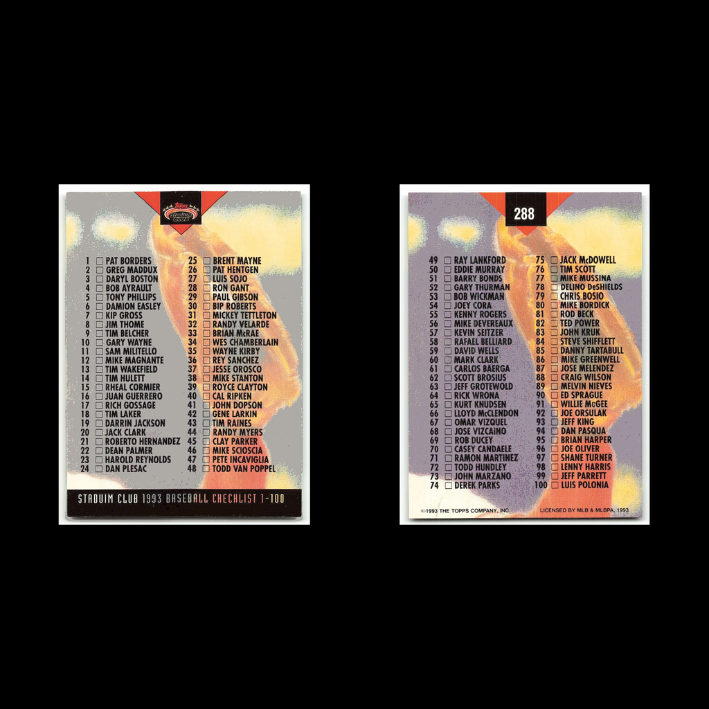 Checklist #288 1993 Topps Stadium Club Baseball Card MLB NM