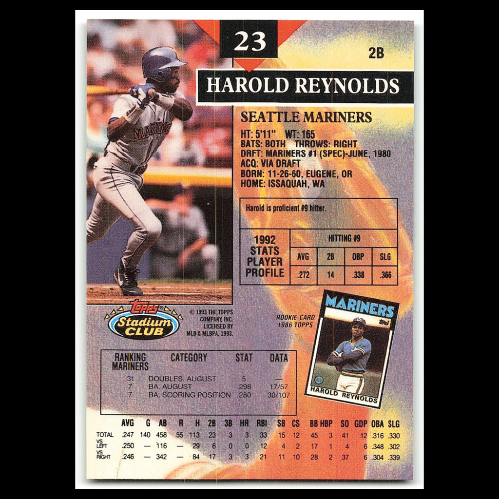 Harold Reynolds #23 1993 Topps Stadium Club Seattle Mariners Baseball Card MLB