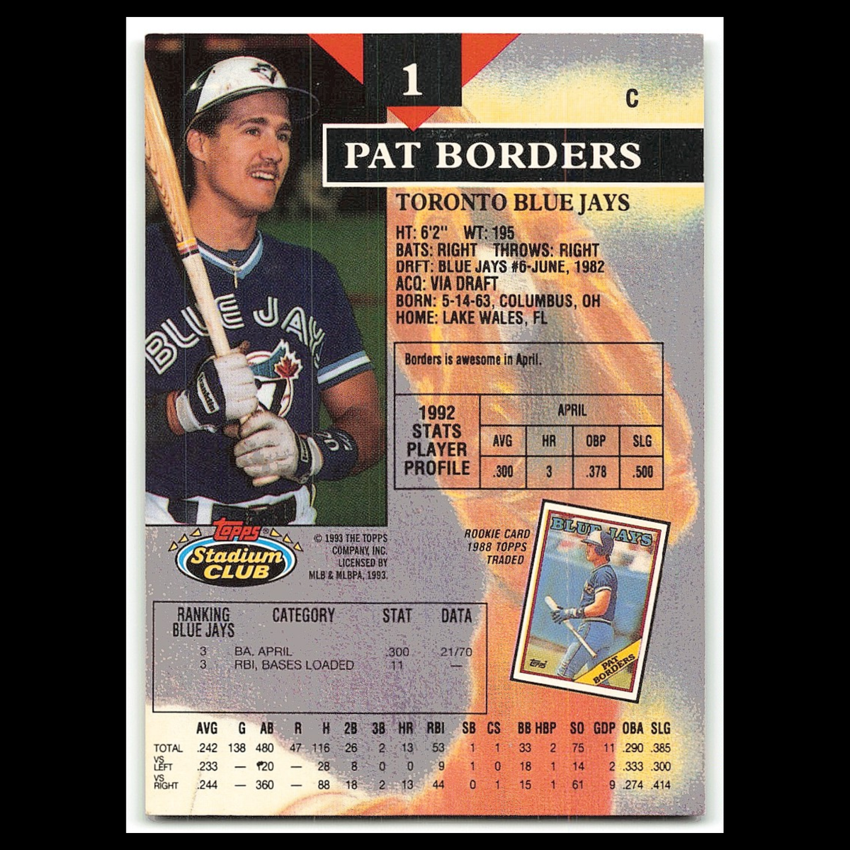 Pat Borders #1 1993 Topps Stadium Club Toronto Blue Jays Baseball Card MLB NM