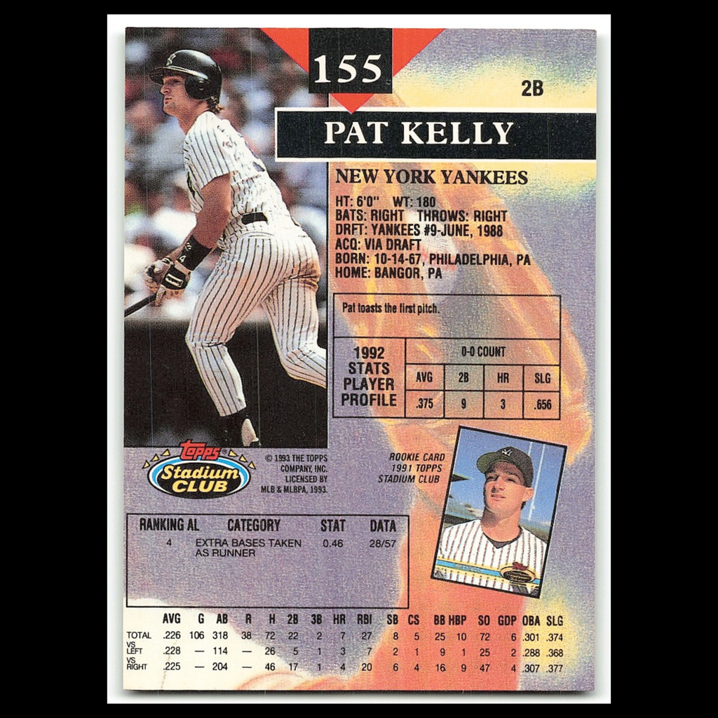 Pat Kelly #155 1993 Topps Stadium Club New York Yankees Baseball Card MLB NM