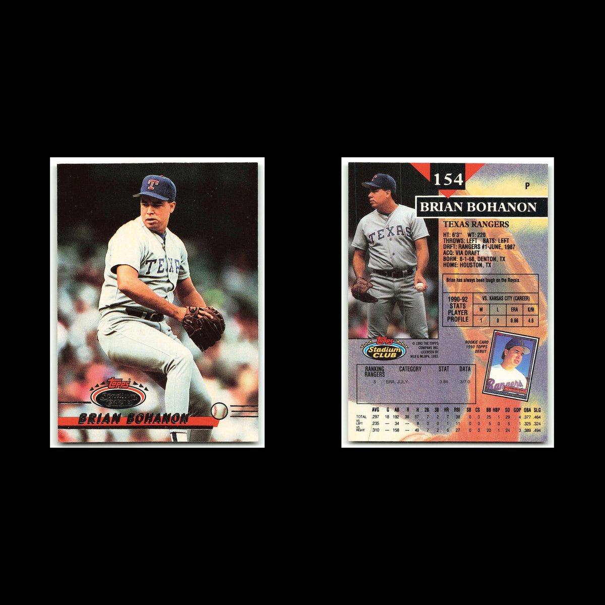 Brian Bohanon #154 1993 Topps Stadium Club Texas Rangers Baseball Card MLB NM