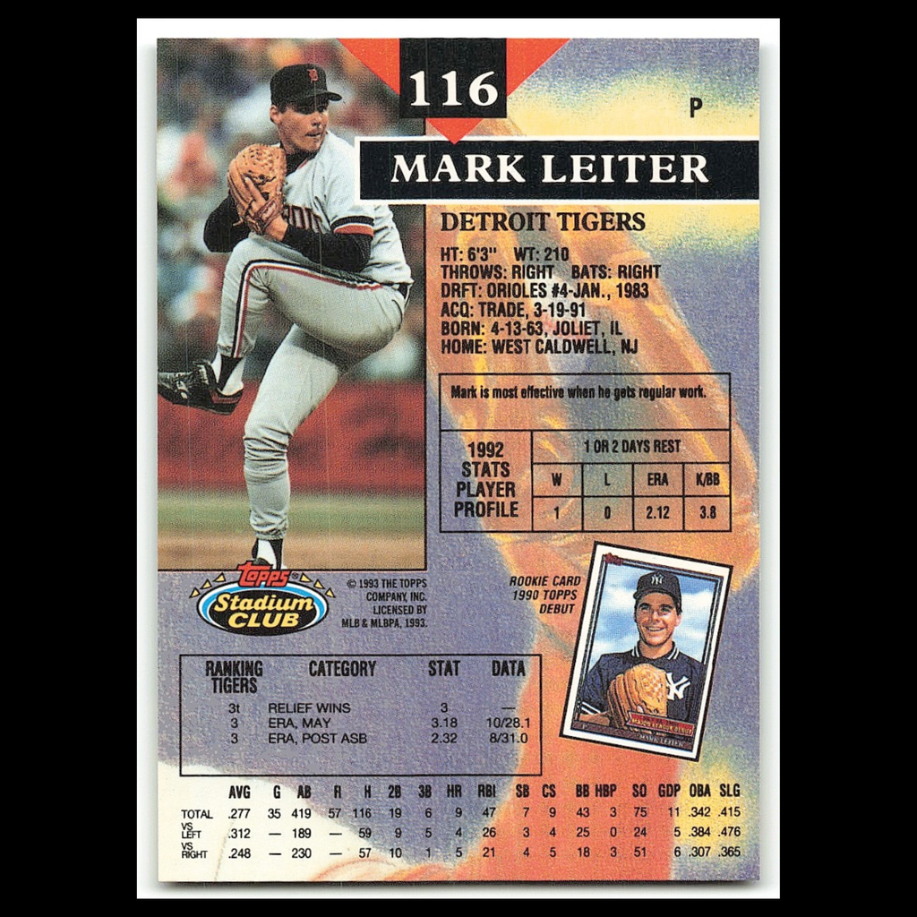 Mark Leiter #116 1993 Topps Stadium Club Detroit Tigers Baseball Card MLB NM