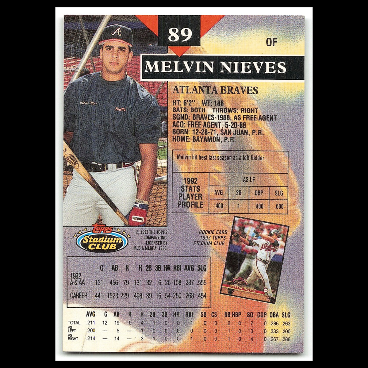 Melvin Nieves #89 1993 Topps Stadium Club Atlanta Braves Baseball Card MLB NM