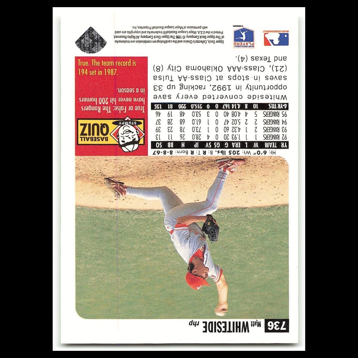 Matt Whiteside #736 1996 Collectors Choice Texas Rangers Baseball Card MLB NM