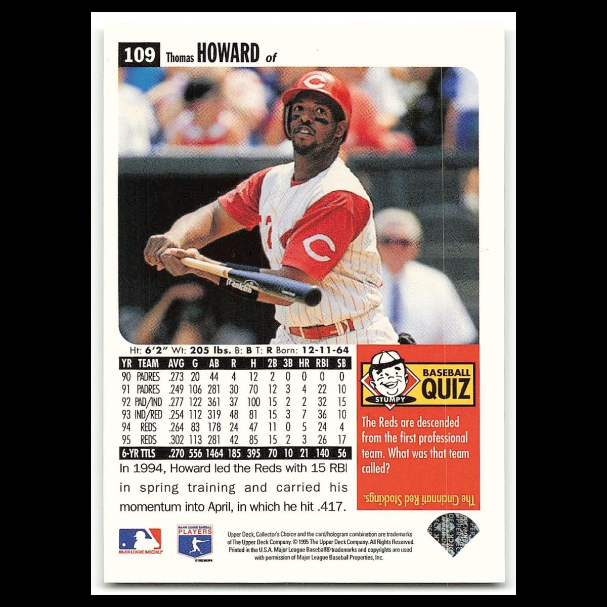Thomas Howard #109 1996 Collectors Choice Cincinnati Reds Baseball Card MLB NM