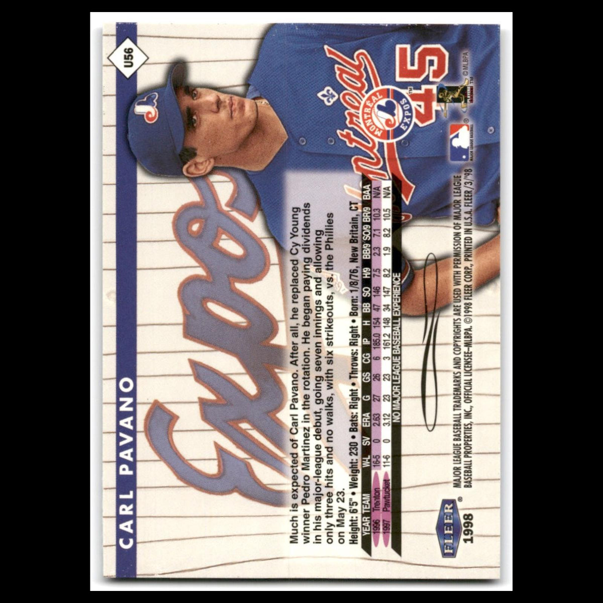 Carl Pavano Rookie #U56 1998 Fleer Tradition Update Montreal Expos Baseball Card