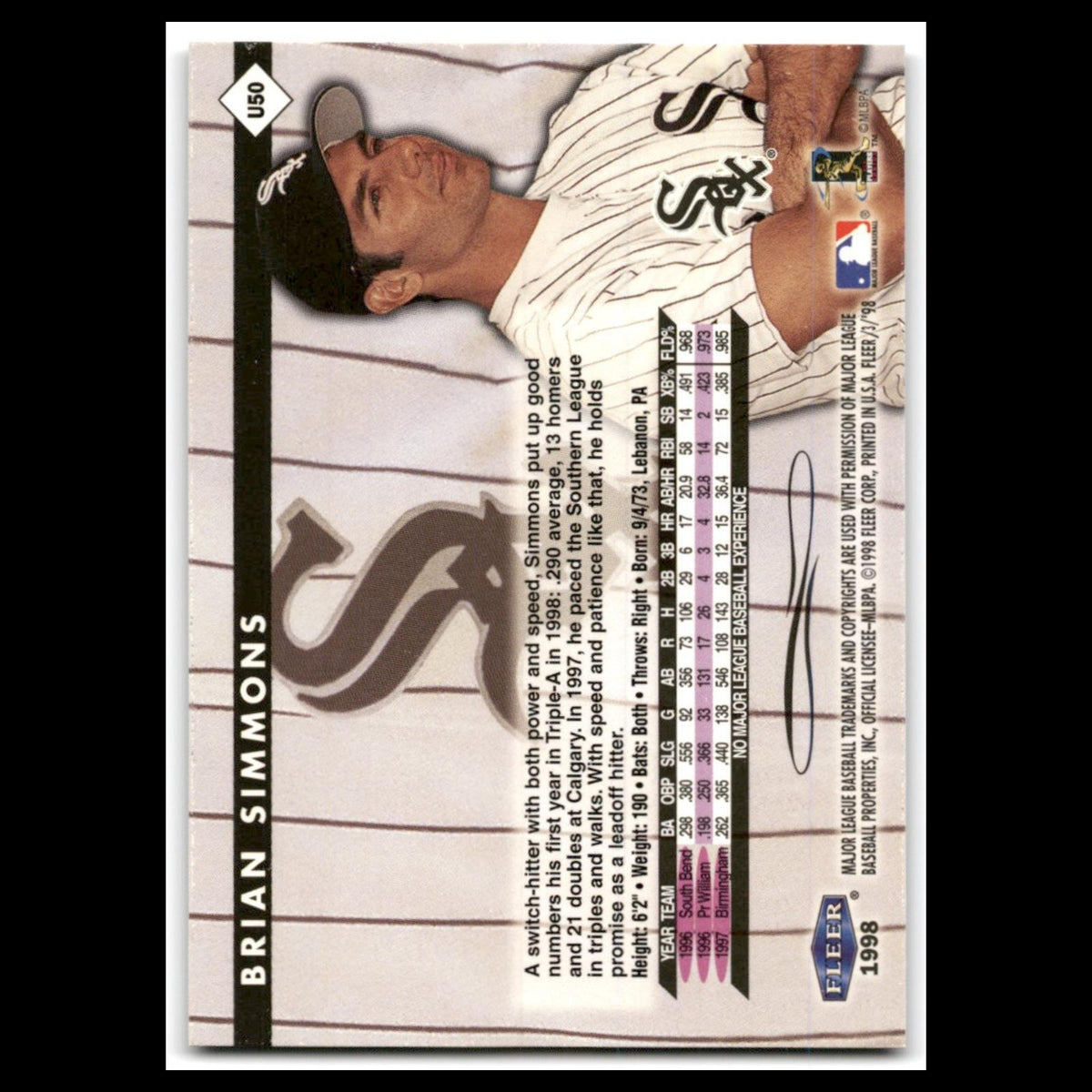 Brian Simmons Rookie #U50 1998 Fleer Tradition Update Chicago White Sox Baseball