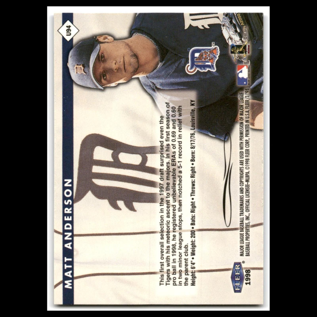 Matt Anderson Rookie #U94 1998 Fleer Tradition Update Detroit Tigers Baseball NM
