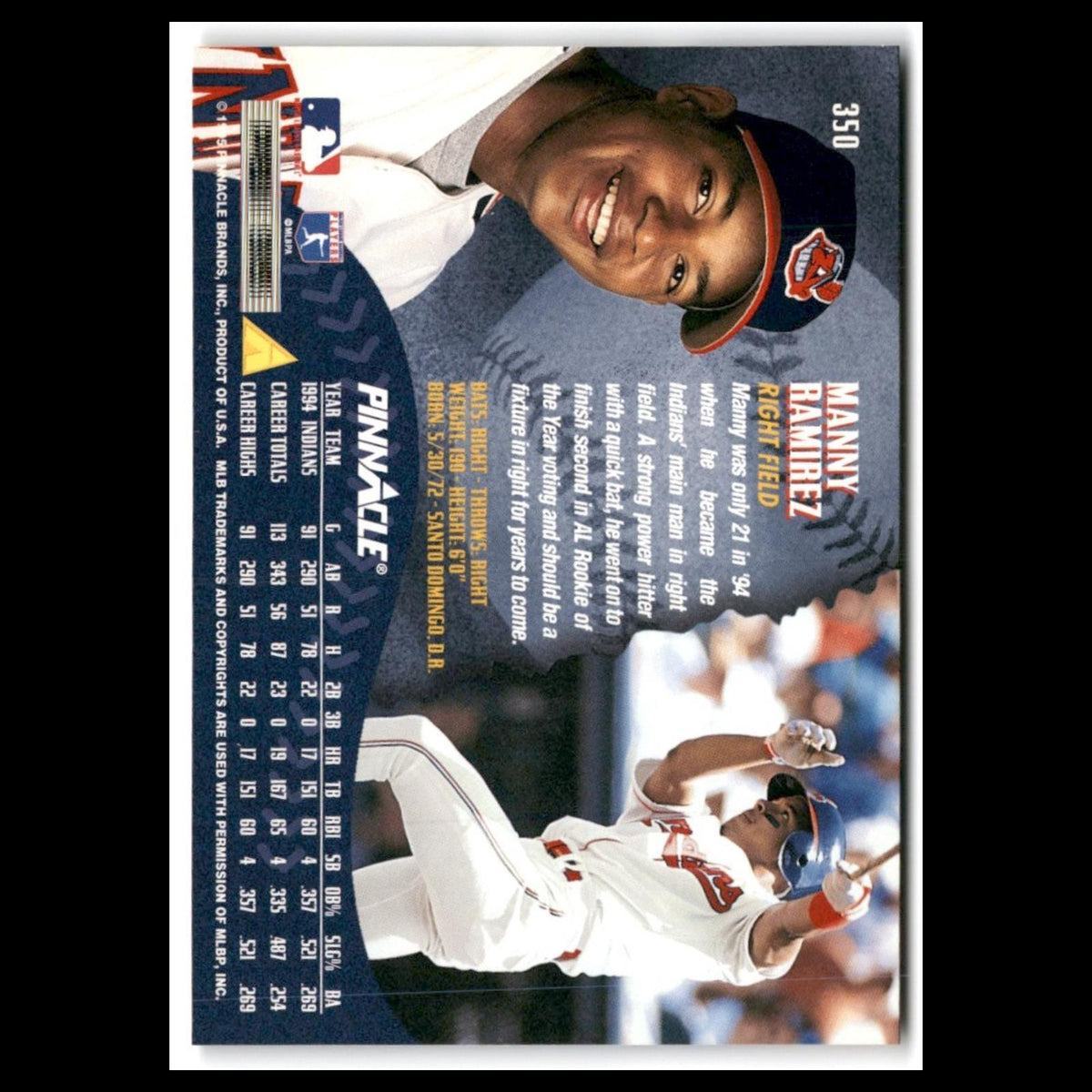 Manny Ramirez #350 1995 Pinnacle Cleveland Indians Baseball Card MLB NM