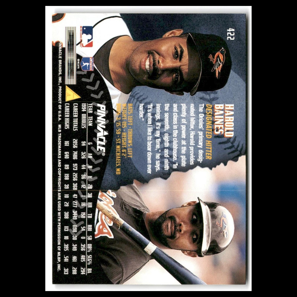 Harold Baines #422 1995 Pinnacle Baltimore Orioles Baseball Card MLB NM