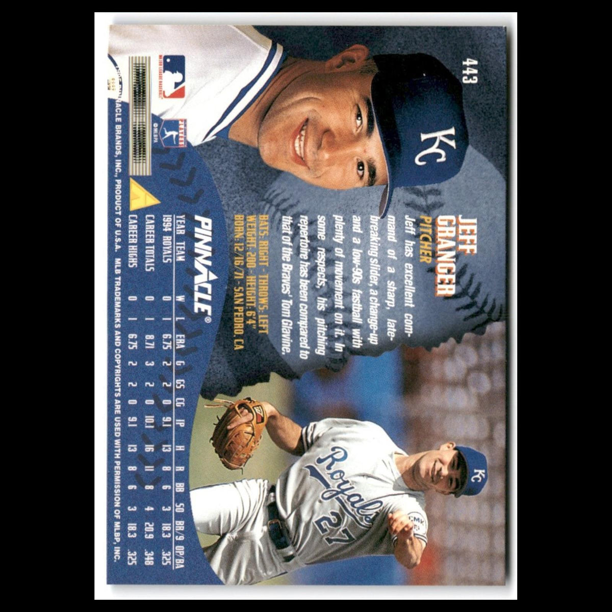 Jeff Granger #443 1995 Pinnacle Kansas City Royals Baseball Card MLB NM