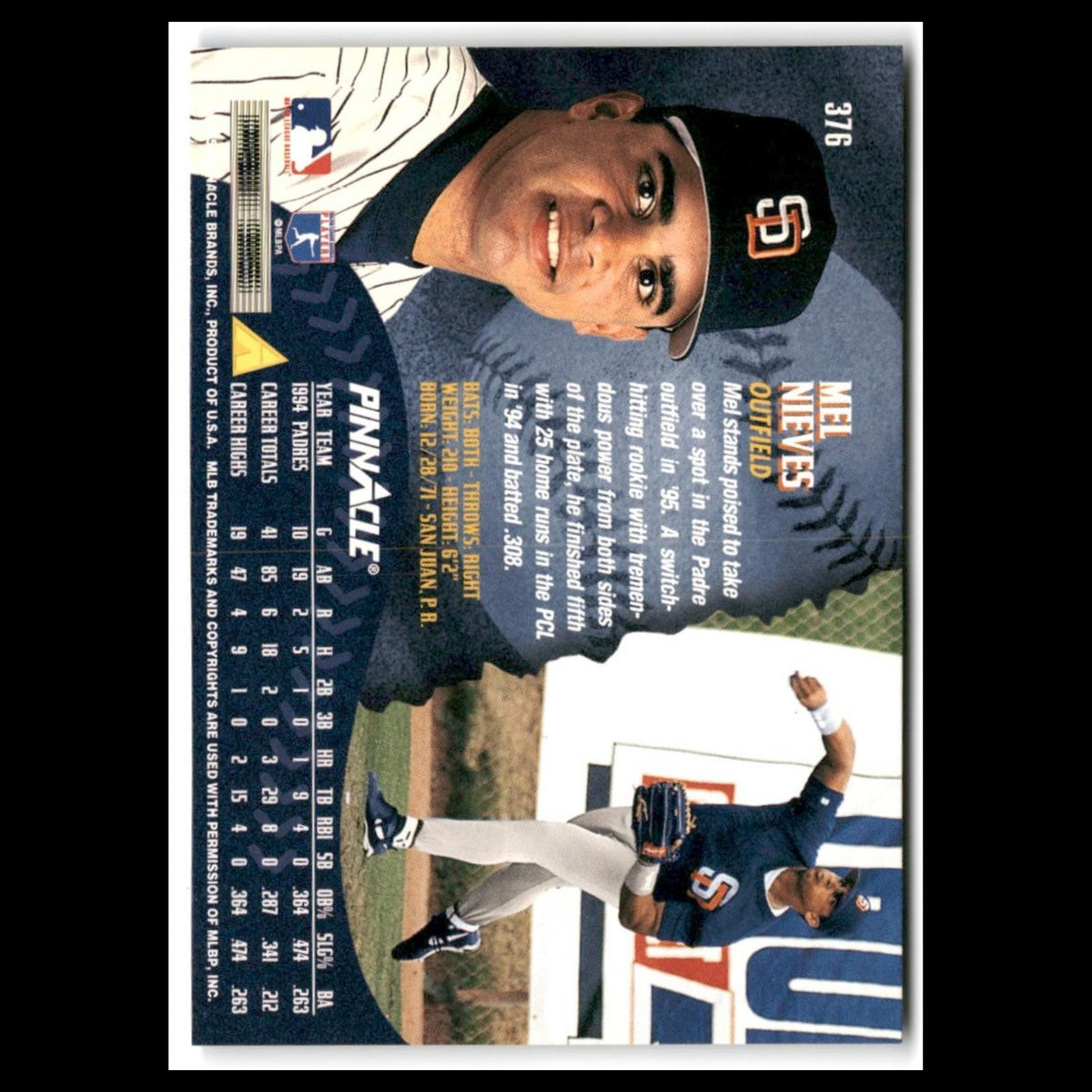Mel Nieves #376 1995 Pinnacle San Diego Padres Baseball Card MLB NM