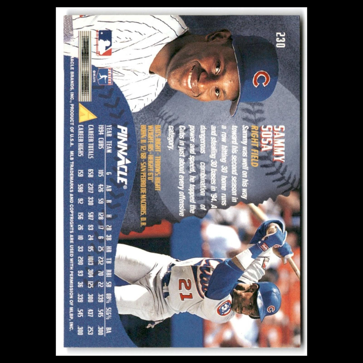Sammy Sosa #230 1995 Pinnacle Chicago Cubs Baseball Card MLB NM