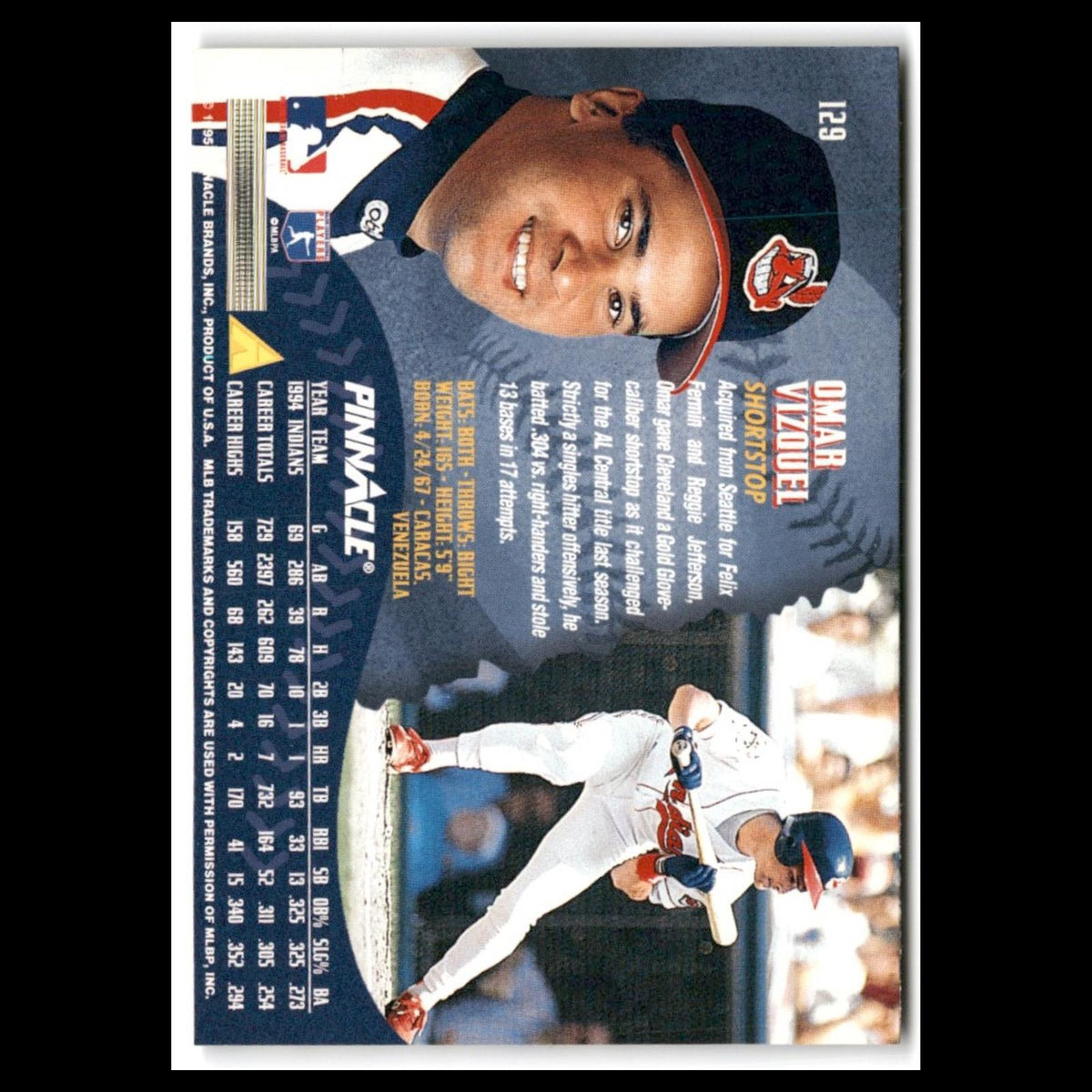 Omar Vizquel #129 1995 Pinnacle Cleveland Indians Baseball Card MLB NM