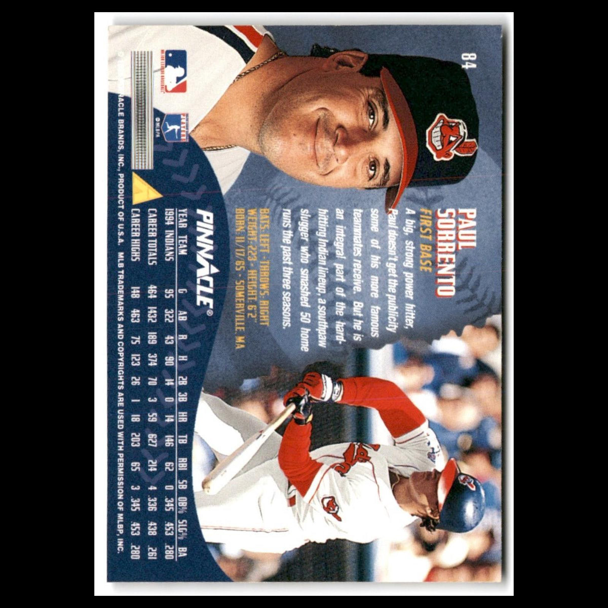 Paul Sorento #84 1995 Pinnacle Cleveland Indians Baseball Card MLB NM