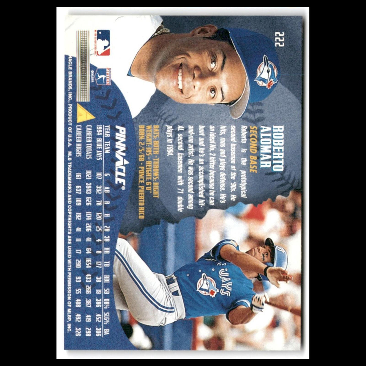 Roberto Alomar #222 1995 Pinnacle Toronto Blue Jays Baseball Card MLB NM