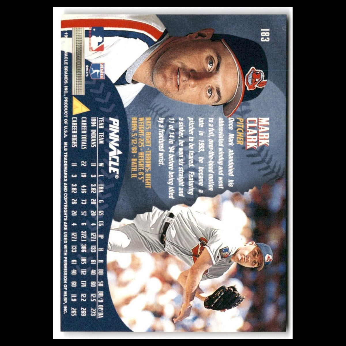 Mark Clark #183 1995 Pinnacle Cleveland Indians Baseball Card MLB NM