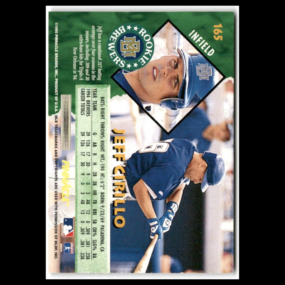 Jeff Cirillo Rookie #165 1995 Pinnacle Milwaukee Brewers Baseball Card MLB NM