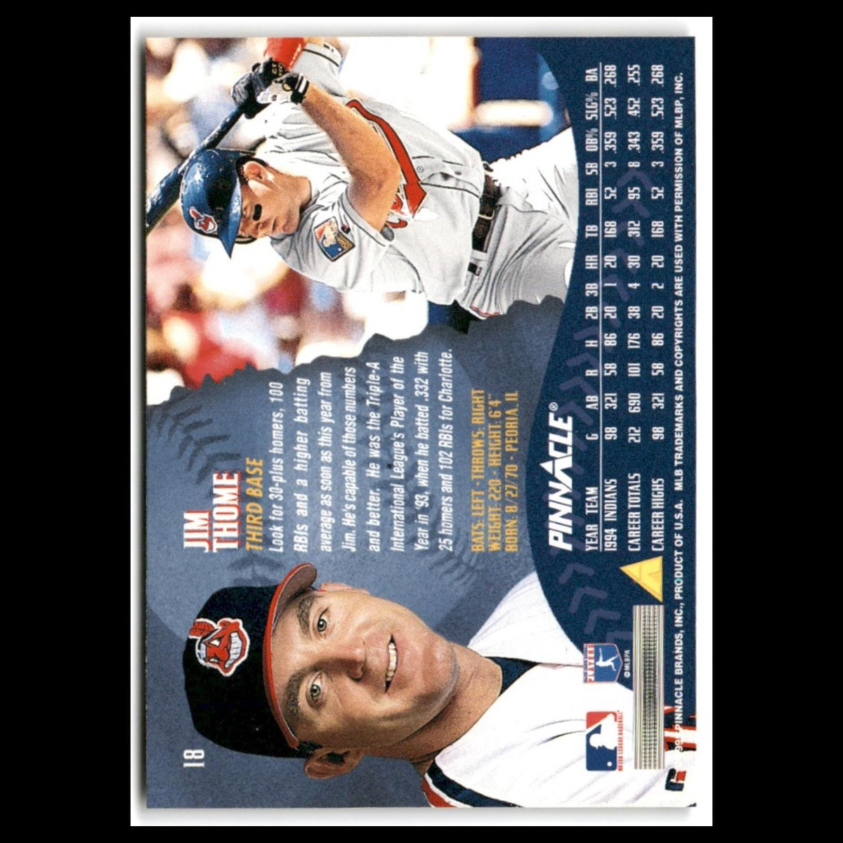 Jim Thome #18 1995 Pinnacle Cleveland Indians Baseball Card MLB NM