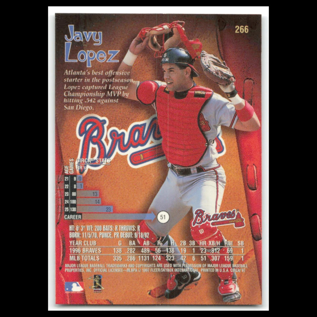 Javy Lopez #266 1997 Circa Atlanta Braves Baseball Card MLB NM