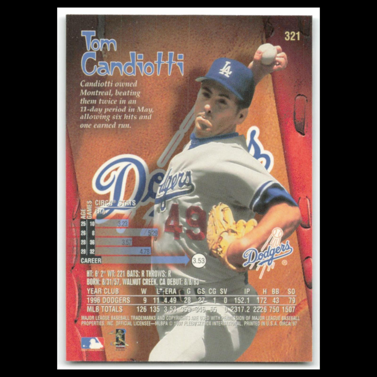 Tom Candiotti #321 1997 Circa Los Angeles Dodgers Baseball Card MLB NM