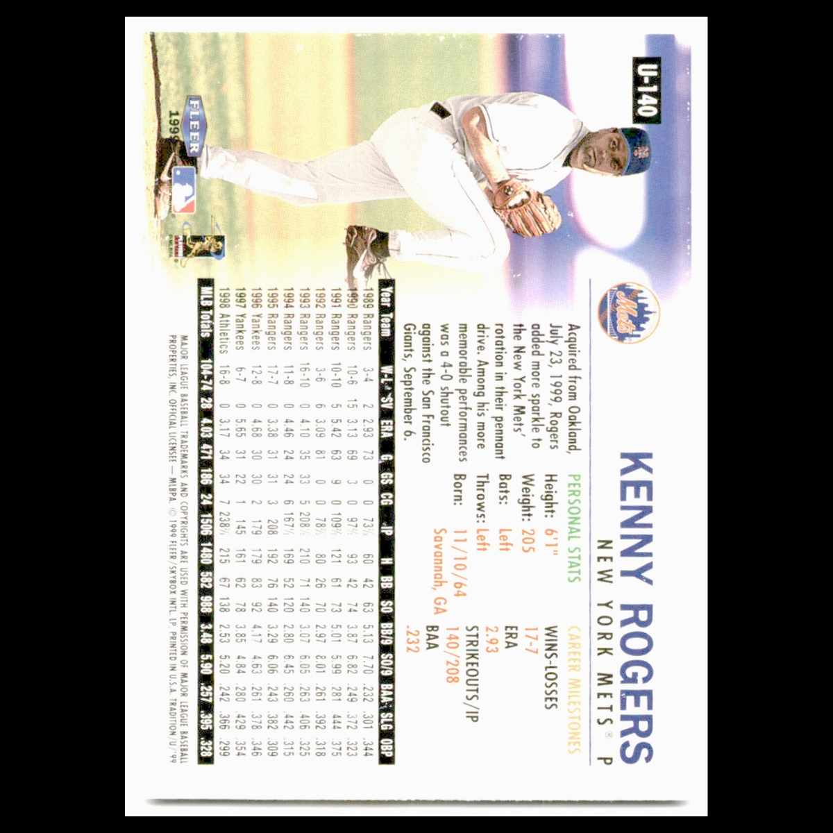 Kenny Rogers #U-140 1999 Fleer Tradition Update New York Mets Baseball Card MLB