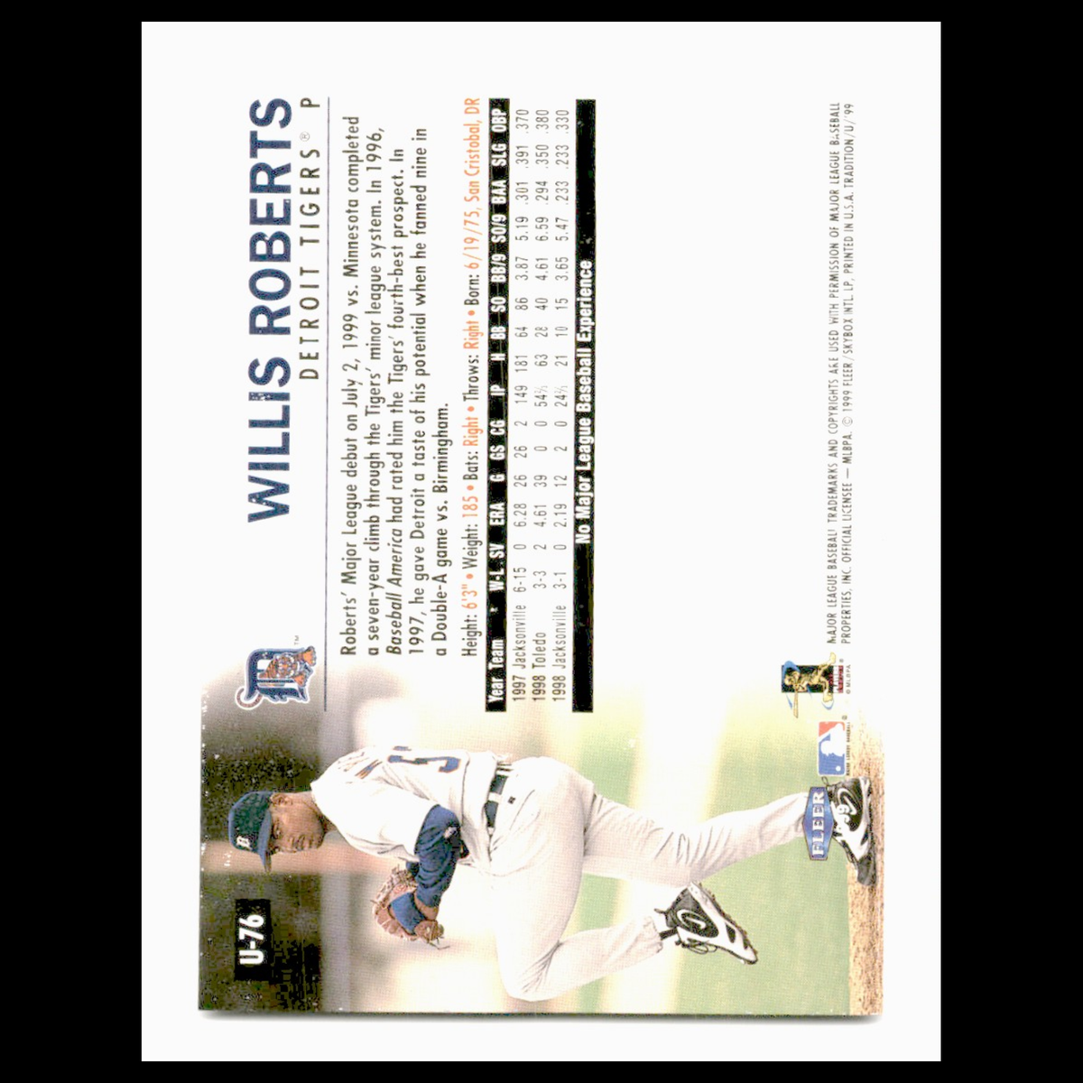 Willis Roberts Rookie #U-76 1999 Fleer Tradition Update Detroit Tigers Baseball