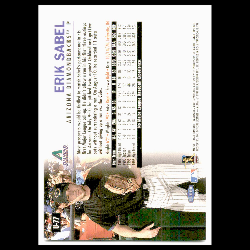 Erik Sabel Rookie #U-77 1999 Fleer Tradition Update Arizona Diamondbacks Card NM