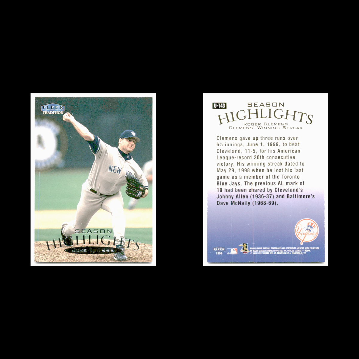 Roger Clemens #U-143 1999 Fleer Tradition Update New York Yankees Baseball Card