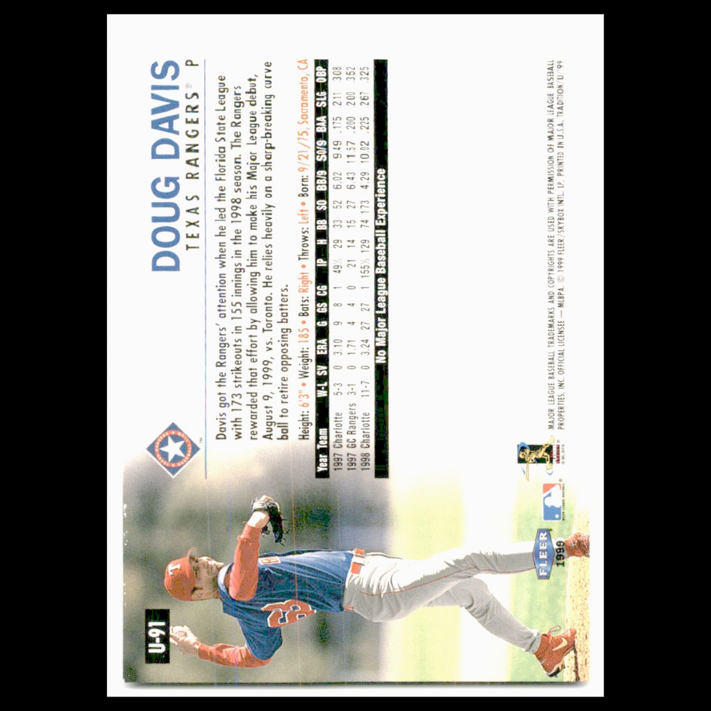 Doug Davis Rookie #U-91 1999 Fleer Tradition Update Texas Rangers Baseball Card