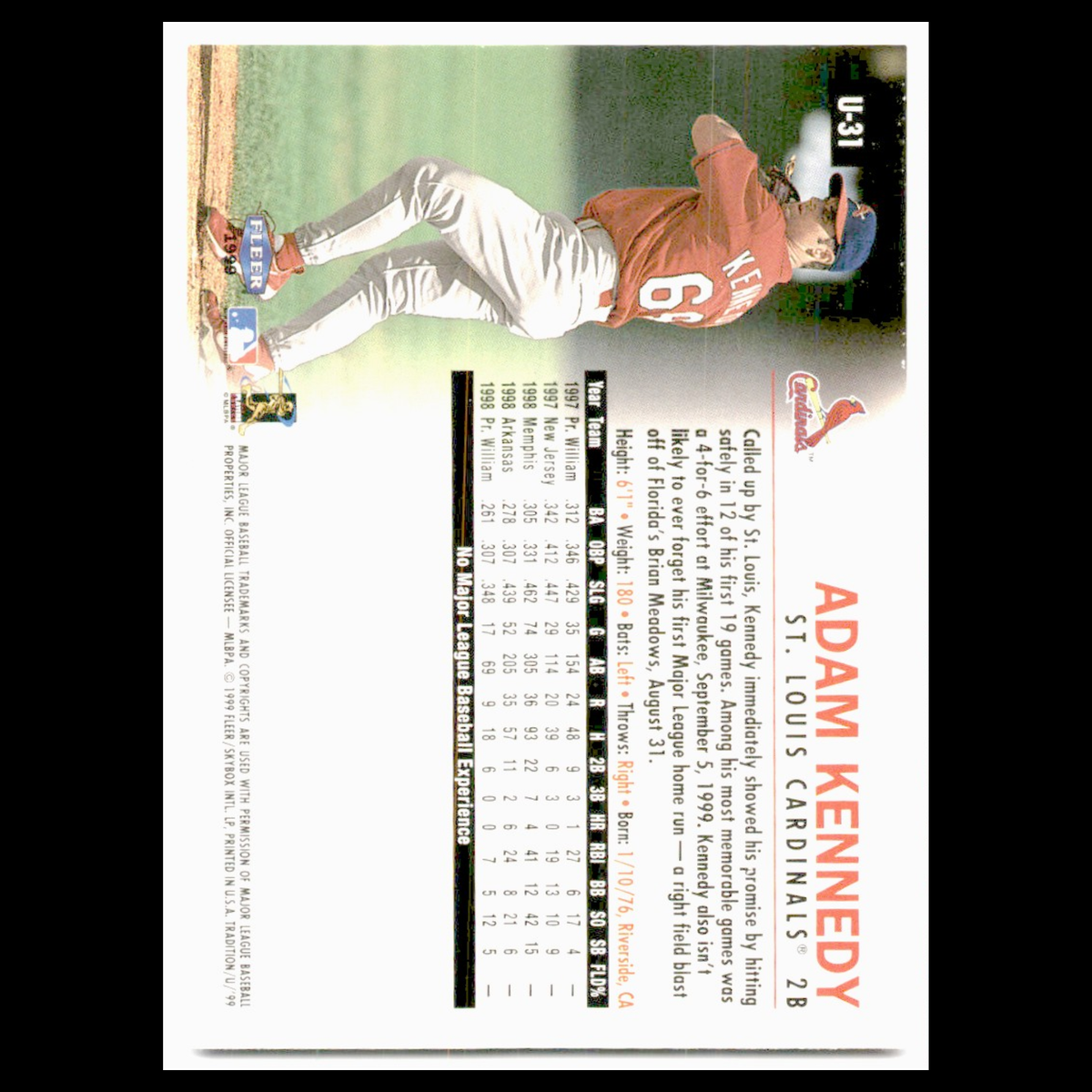 Adam Kennedy #U-31 1999 Fleer Tradition Update St. Louis Cardinals Baseball Card