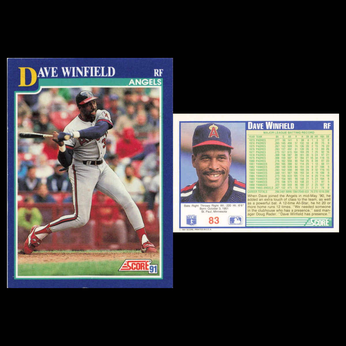 Dave Winfield Lot 5 Baseball Cards 1991 Score California Angels Set Collection