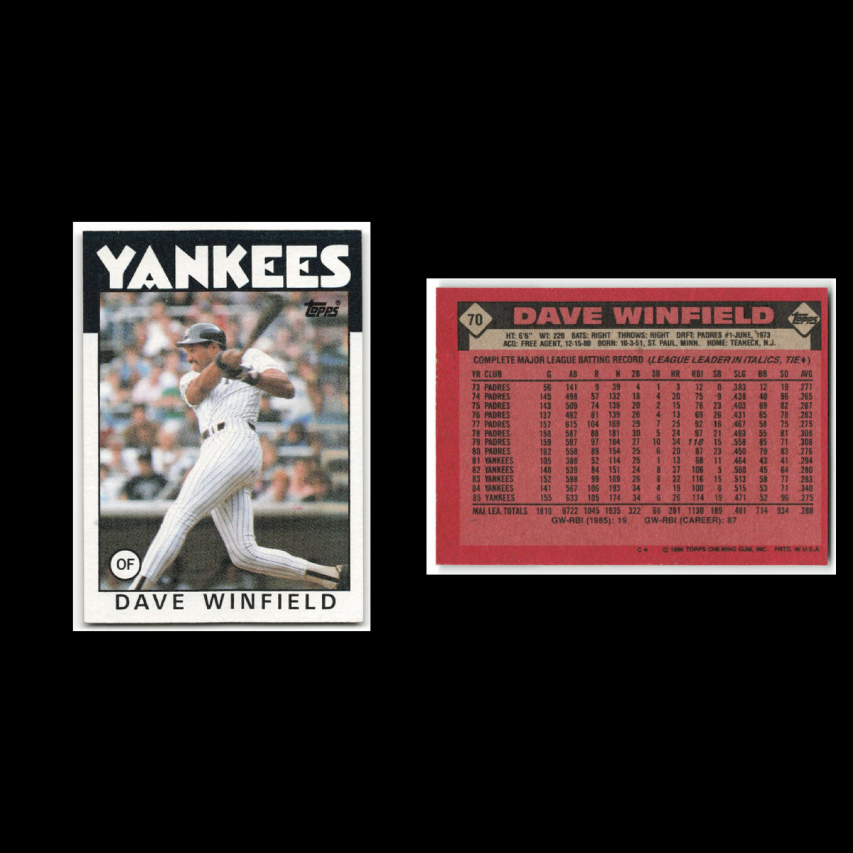 Dave Winfield Lot 15 Baseball Cards 1986 Topps New York Yankees Set Collection
