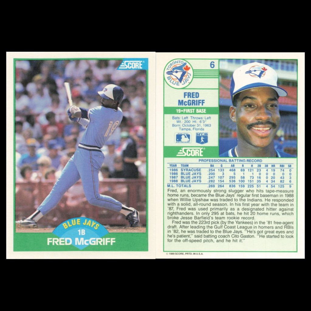 Fred McGriff Lot 6 Baseball Cards 1989 Score Toronto Blue Jays Set Collection NM