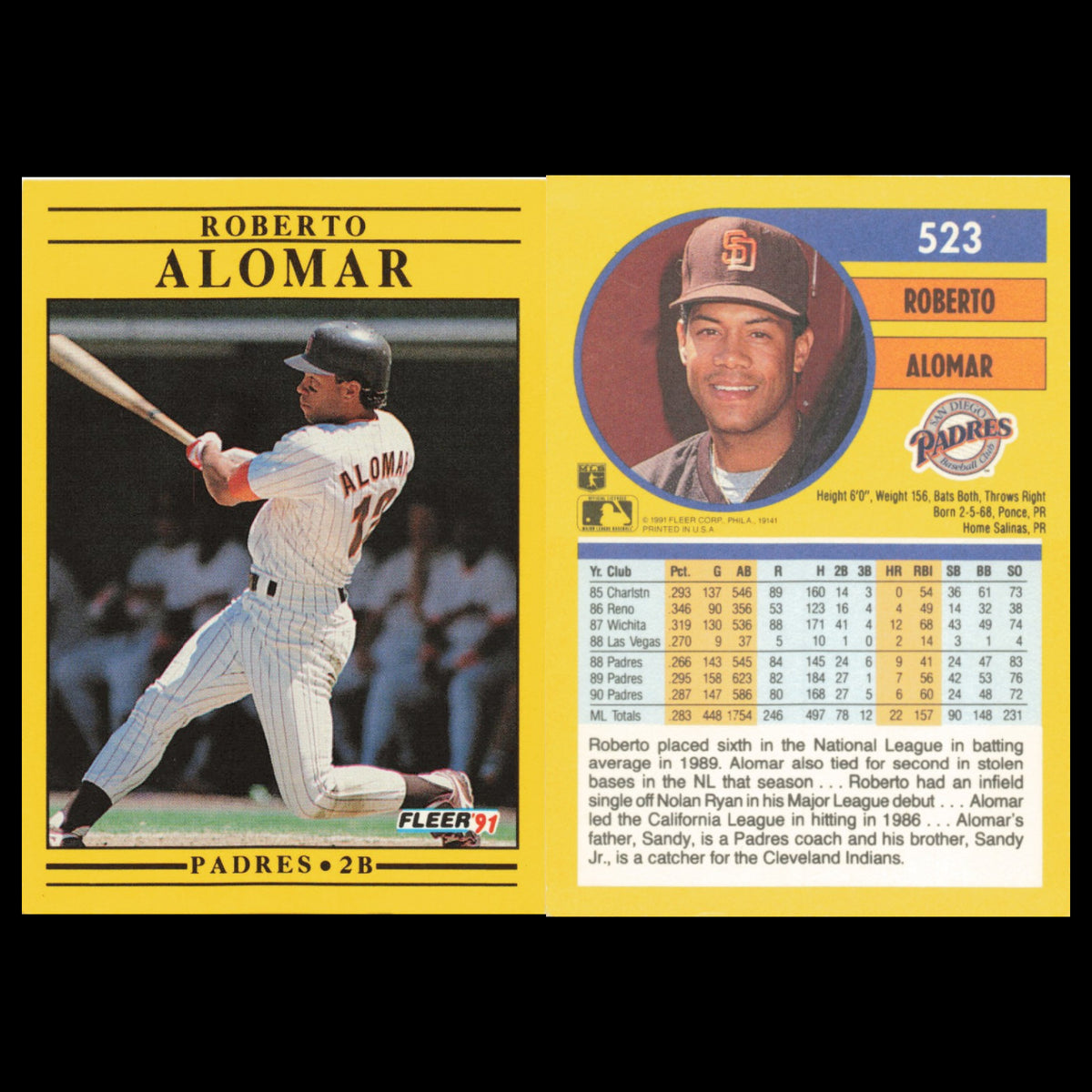 Roberto Alomar Lot 5 Baseball Cards 1991 Fleer San Diego Padres Set Collection