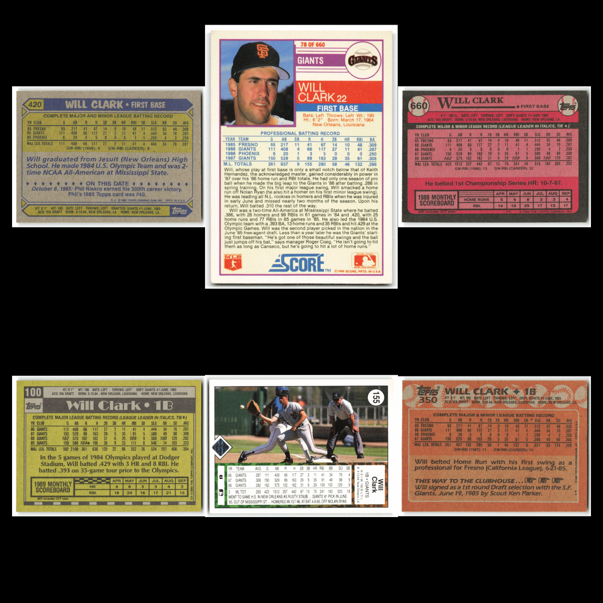 Will Clark Rookie Lot 6 Baseball Cards inc 87 Topps RC San Francisco Giants