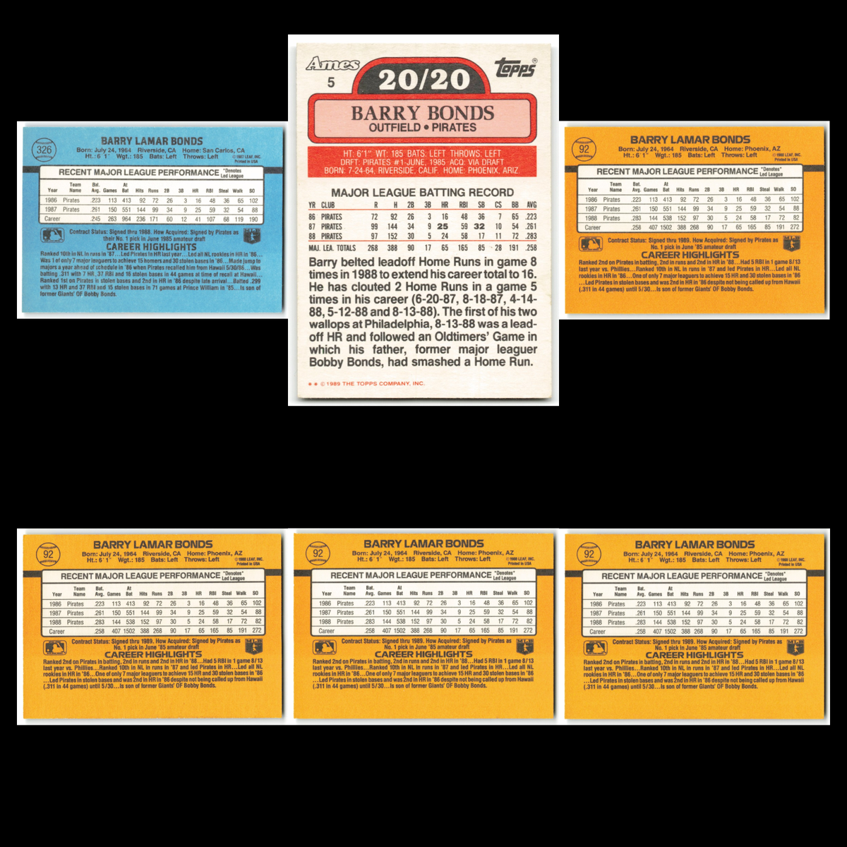 Barry Bonds Lot 6 Baseball Cards Donruss Pittsburgh Pirates Set Collection
