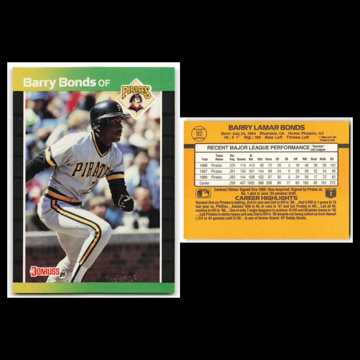 Barry Bonds Lot 6 Baseball Cards Donruss Pittsburgh Pirates Set Collection