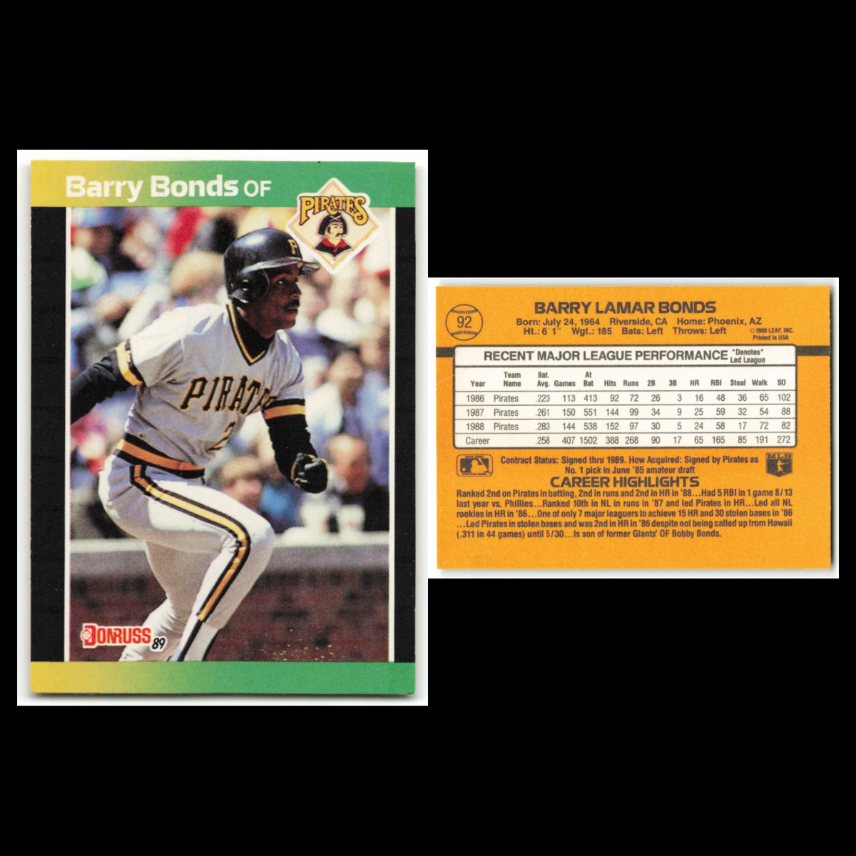 Barry Bonds Lot 6 Baseball Cards 1989 Donruss Pittsburgh Pirates Set Collection