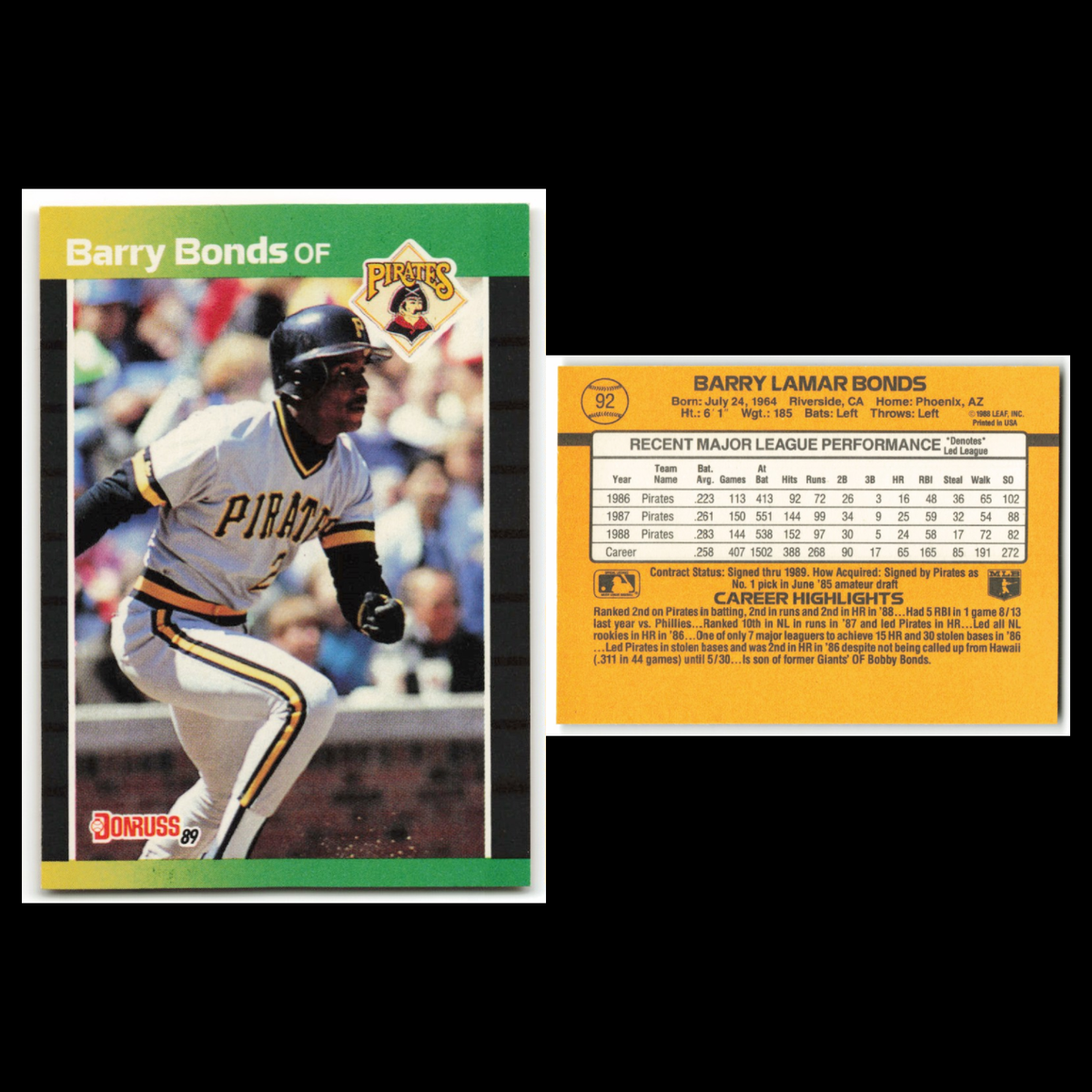 Barry Bonds Lot 6 Baseball Cards 1989 Donruss Pittsburgh Pirates Set Collection