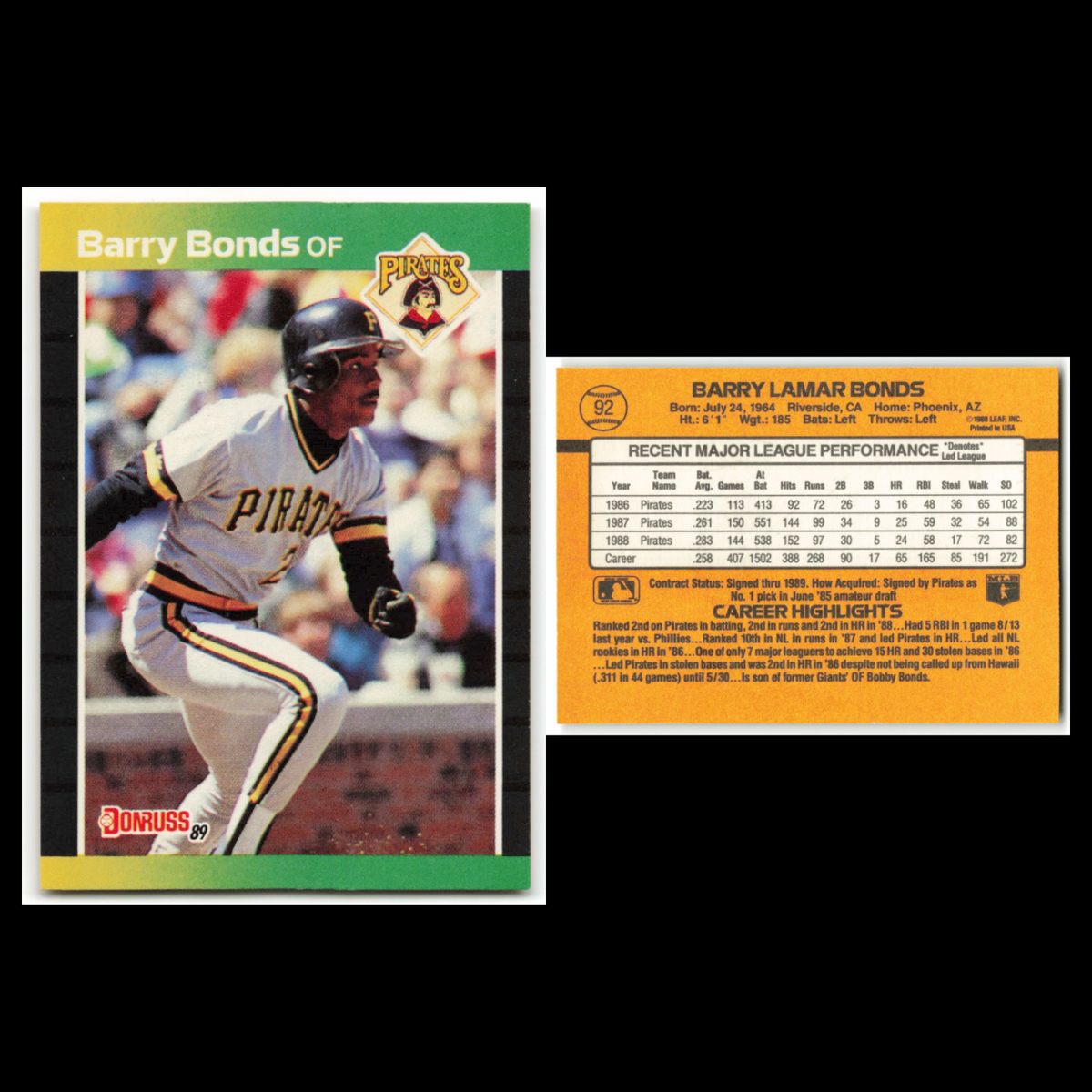 Barry Bonds Lot 6 Baseball Cards 1989 Donruss Pittsburgh Pirates Set Collection