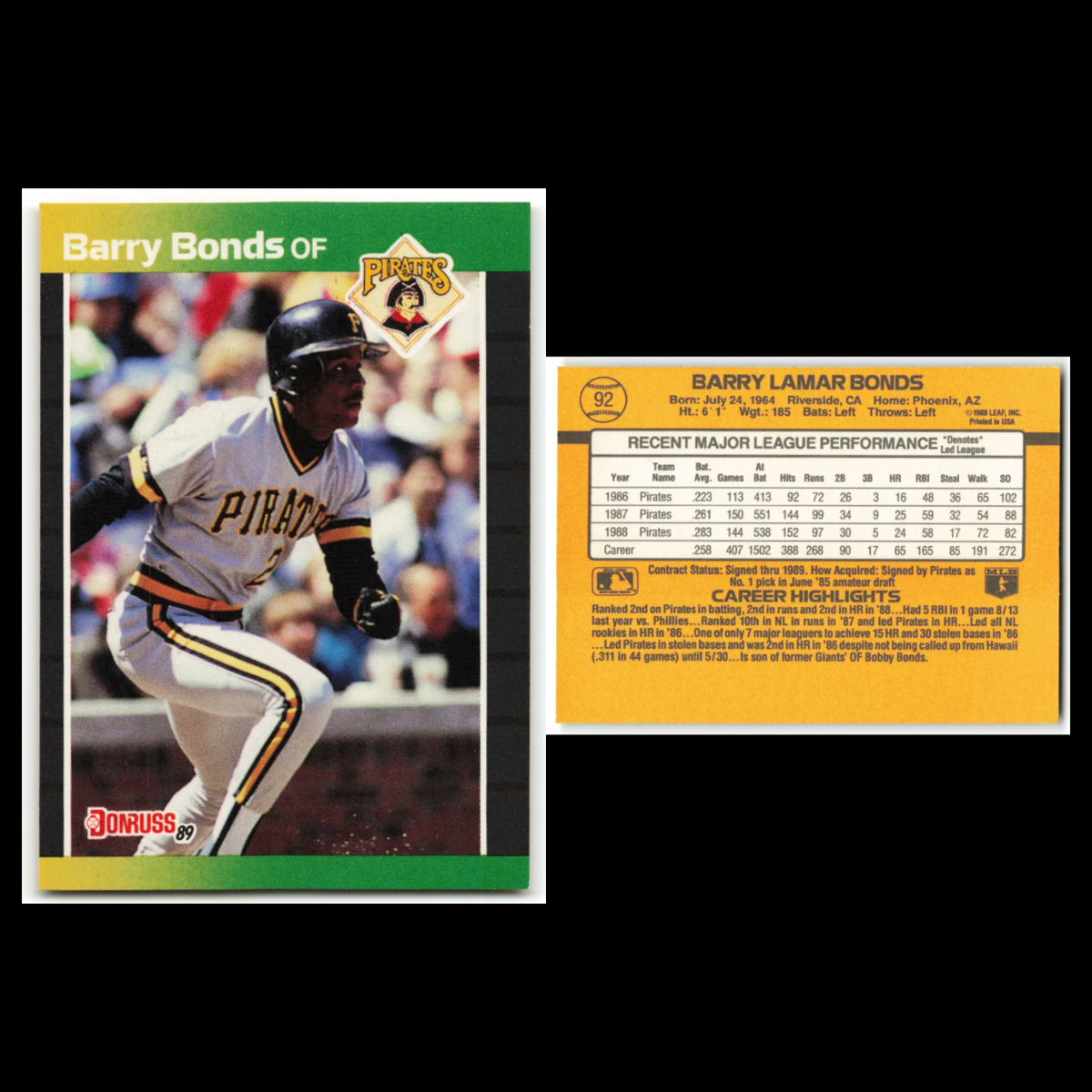 Barry Bonds Lot 6 Baseball Cards  Donruss Pittsburgh Pirates Set Collection