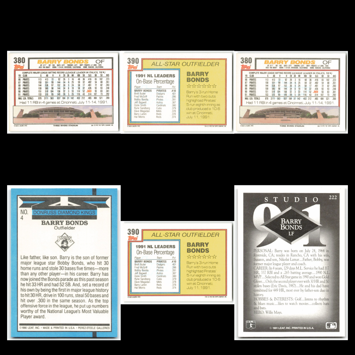 Barry Bonds Lot 6 Baseball Cards Topps Pittsburgh Pirates Set Collection NM