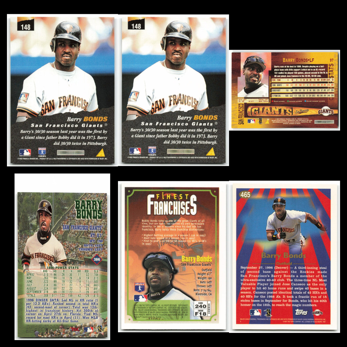 Barry Bonds Lot 6 Baseball Cards Pinnacle San Francisco Giants Set MLB NM